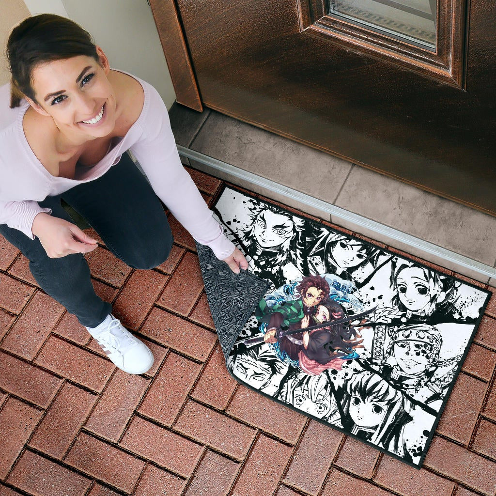 Demon Slayer Anime Tanjiro Protect Nezuko Vs Villains Black White Door Mat Home Decor
