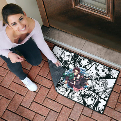 Demon Slayer Anime Tanjiro Protect Nezuko Vs Villains Black White Door Mat Home Decor