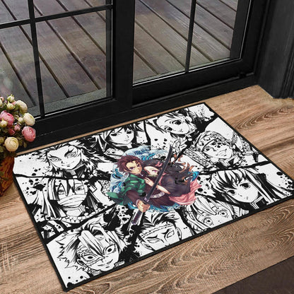 Demon Slayer Anime Tanjiro Protect Nezuko Vs Villains Black White Door Mat Home Decor