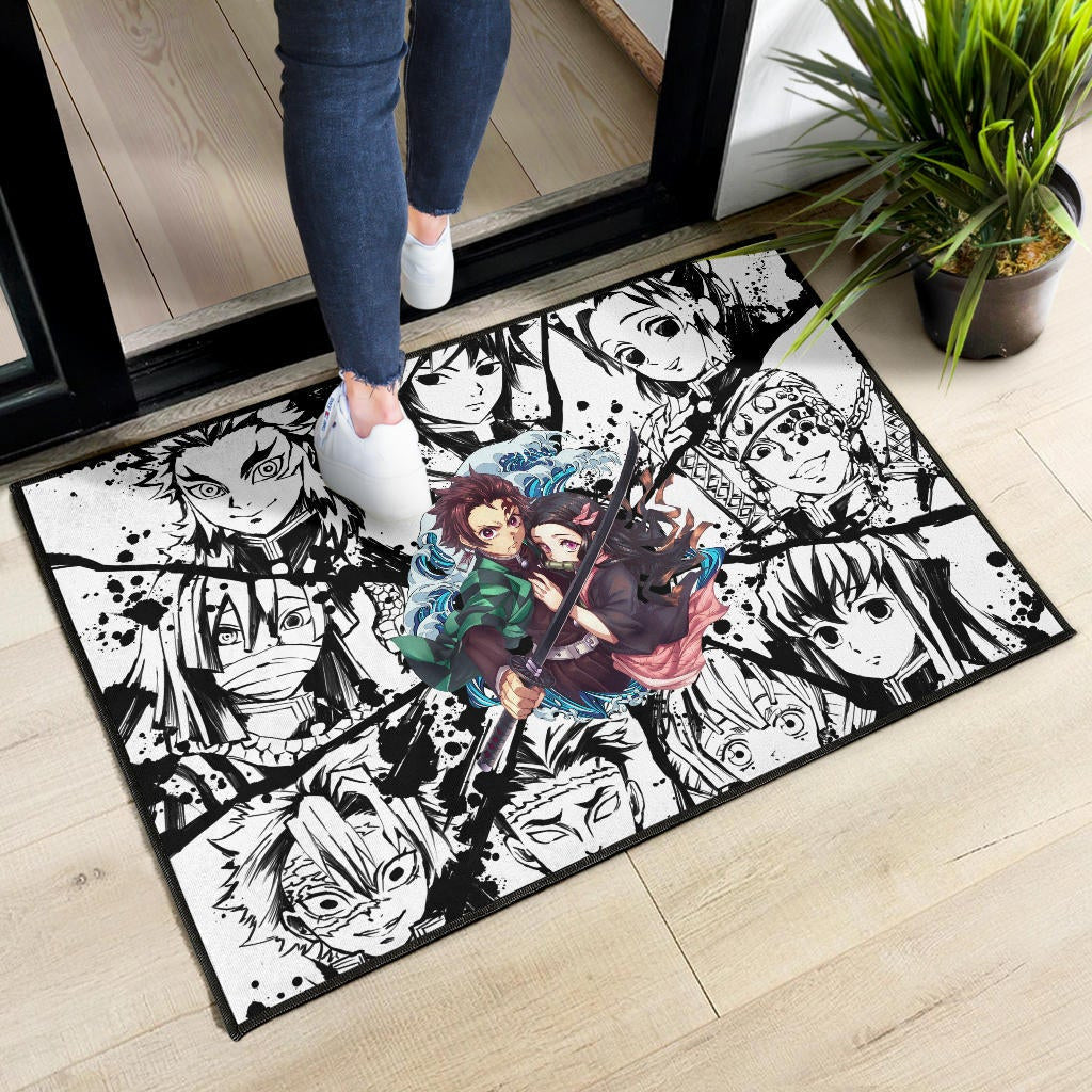 Demon Slayer Anime Tanjiro Protect Nezuko Vs Villains Black White Door Mat Home Decor