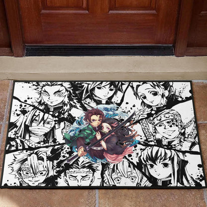 Demon Slayer Anime Tanjiro Protect Nezuko Vs Villains Black White Door Mat Home Decor