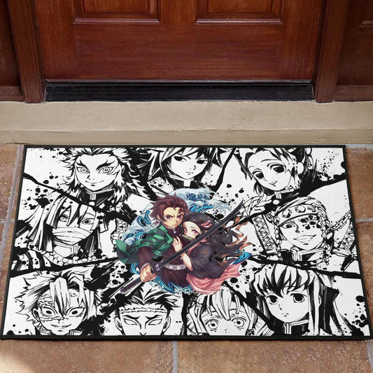 Demon Slayer Anime Tanjiro Protect Nezuko Vs Villains Black White Door Mat Home Decor