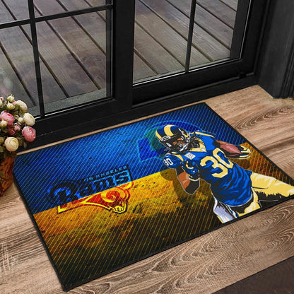Los Angeles Rams American Football Raymond Calais 30 Grab Rugby Ball Running Blue Yellow Door Mat Home Decor