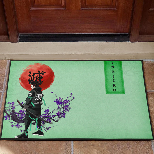 Demon Slayer Tanjiro Wearing Modern Clothes Green Theme Door Mat Home Decor
