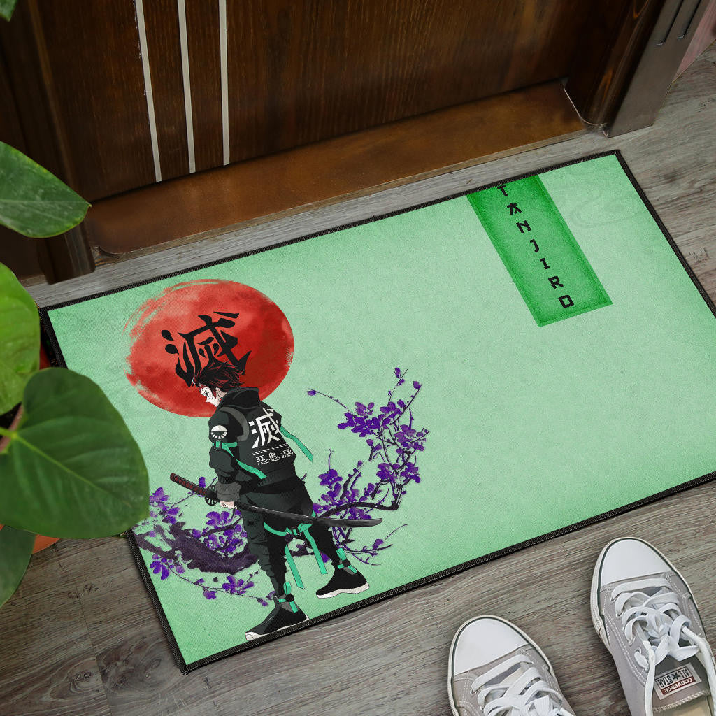 Demon Slayer Tanjiro Wearing Modern Clothes Green Theme Door Mat Home Decor