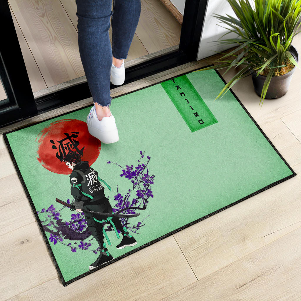 Demon Slayer Tanjiro Wearing Modern Clothes Green Theme Door Mat Home Decor