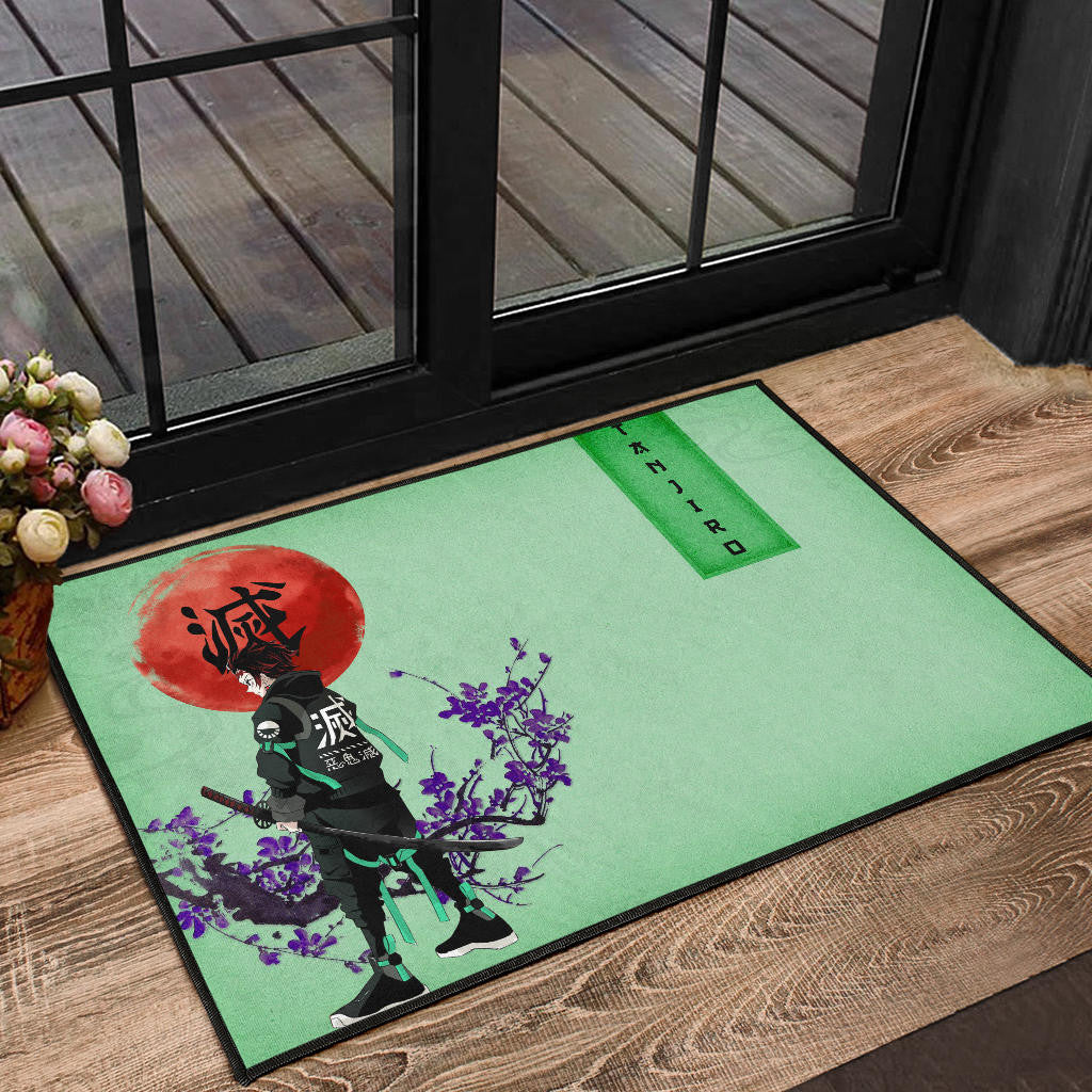 Demon Slayer Tanjiro Wearing Modern Clothes Green Theme Door Mat Home Decor