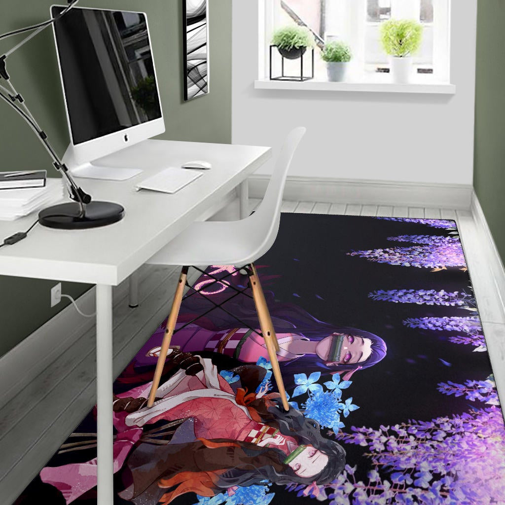 Demon Slayer Anime Pretty Nezuko Kamado Purple Flower Theme Area Rug Home Decor