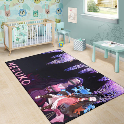 Demon Slayer Anime Pretty Nezuko Kamado Purple Flower Theme Area Rug Home Decor