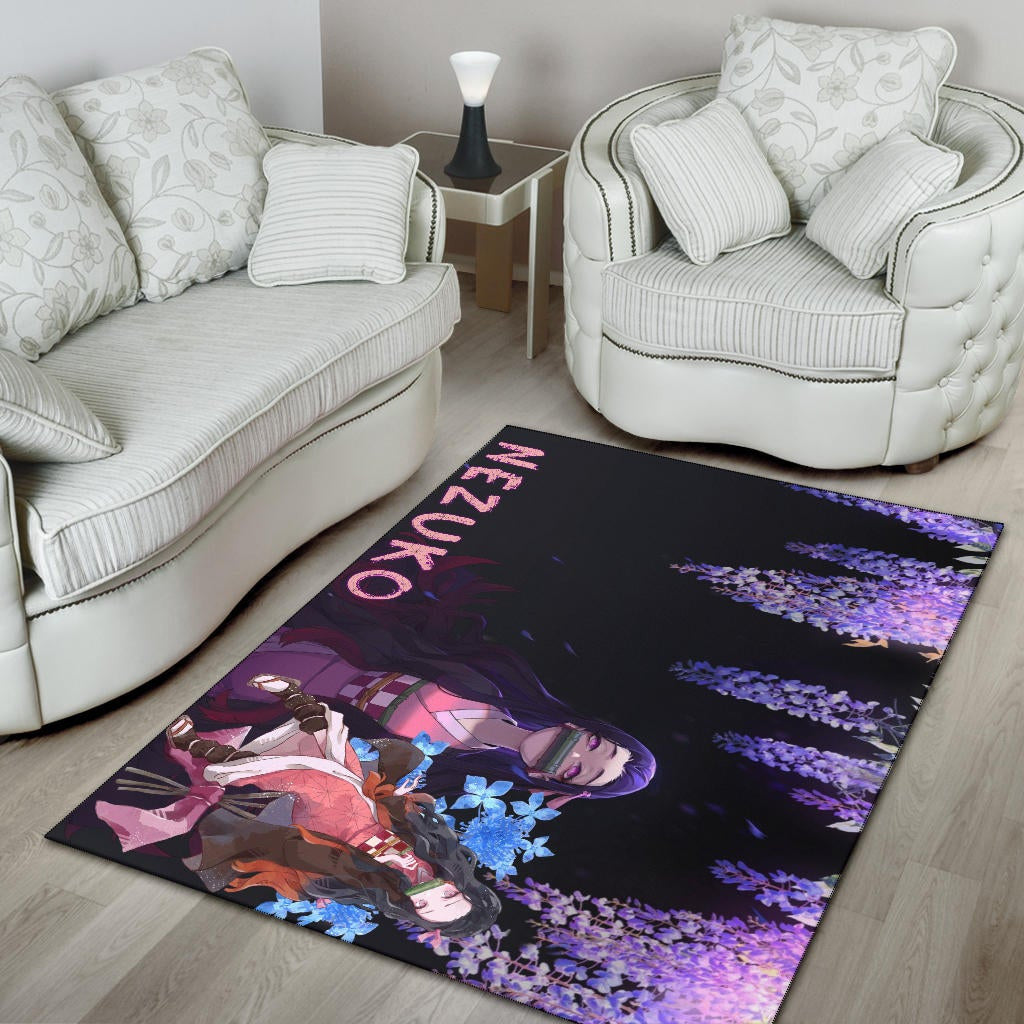 Demon Slayer Anime Pretty Nezuko Kamado Purple Flower Theme Area Rug Home Decor