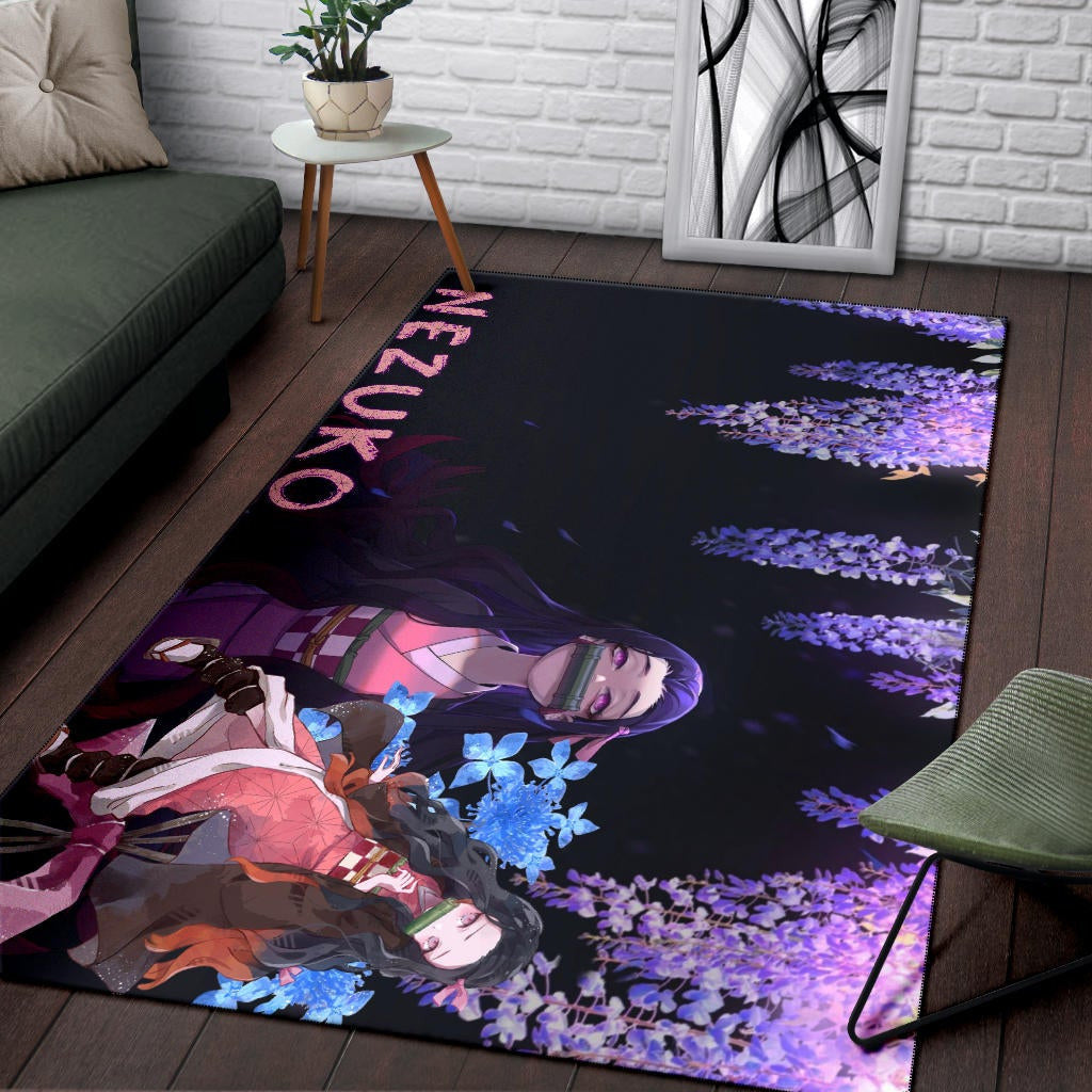 Demon Slayer Anime Pretty Nezuko Kamado Purple Flower Theme Area Rug Home Decor