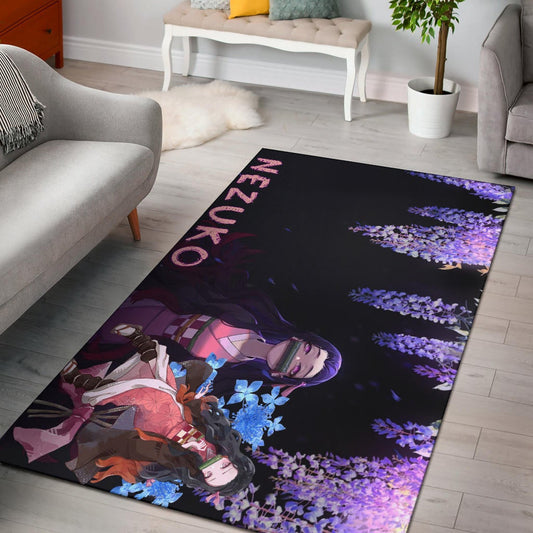 Demon Slayer Anime Pretty Nezuko Kamado Purple Flower Theme Area Rug Home Decor