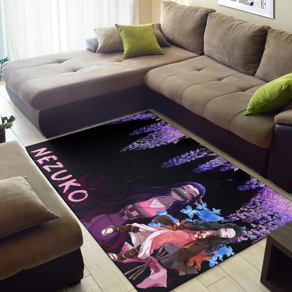 Demon Slayer Anime Pretty Nezuko Kamado Purple Flower Theme Area Rug Home Decor