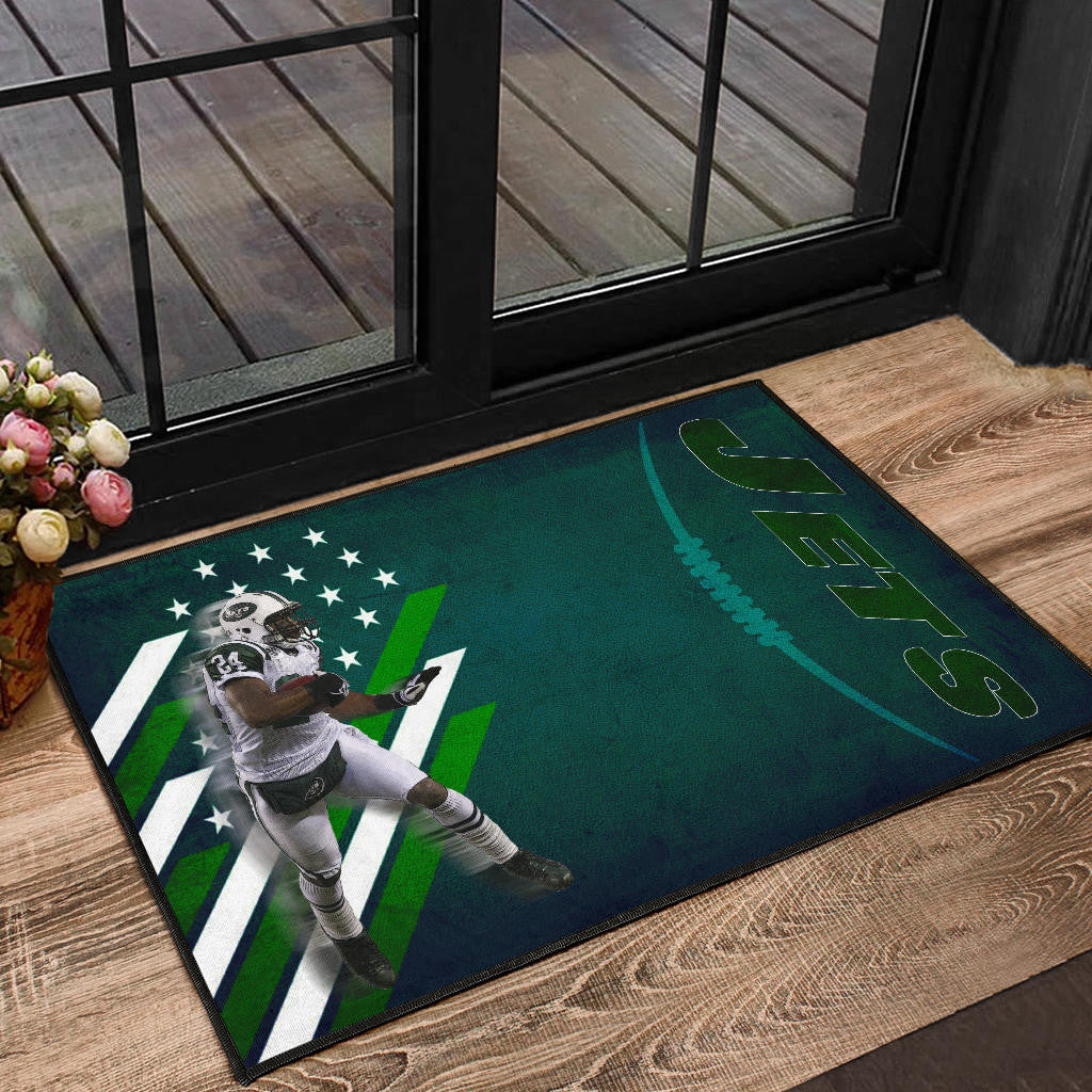New York American Football Jets Football Player 24 Running Fading American Flag Door Mat Home Decor