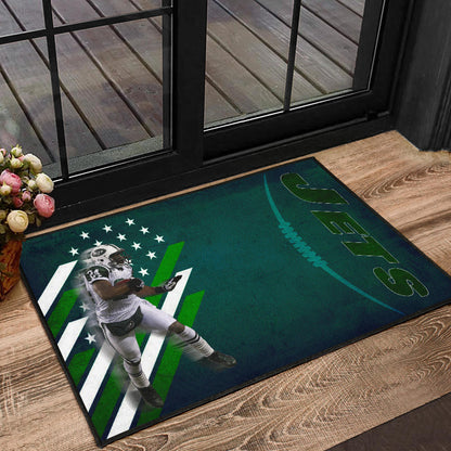 New York American Football Jets Football Player 24 Running Fading American Flag Door Mat Home Decor