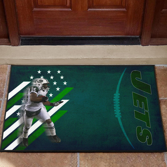 New York American Football Jets Football Player 24 Running Fading American Flag Door Mat Home Decor