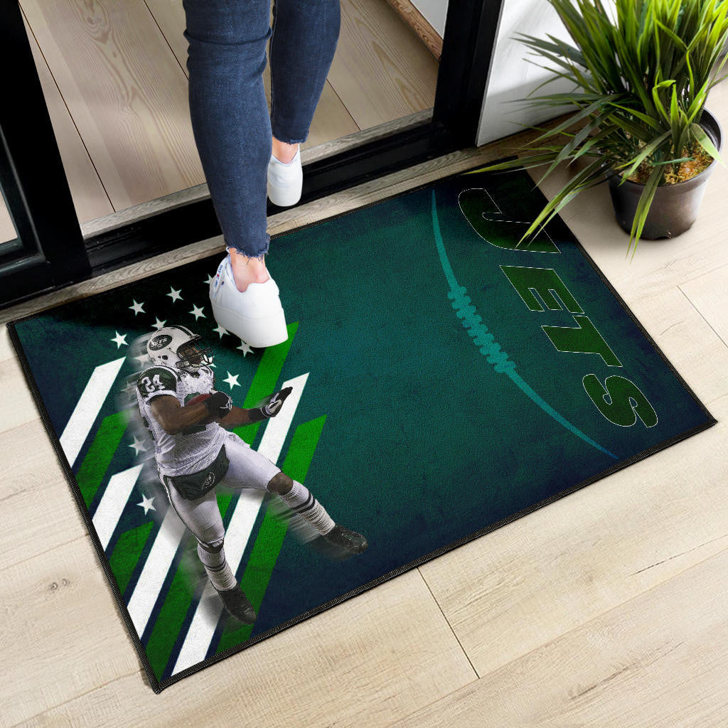 New York American Football Jets Football Player 24 Running Fading American Flag Door Mat Home Decor