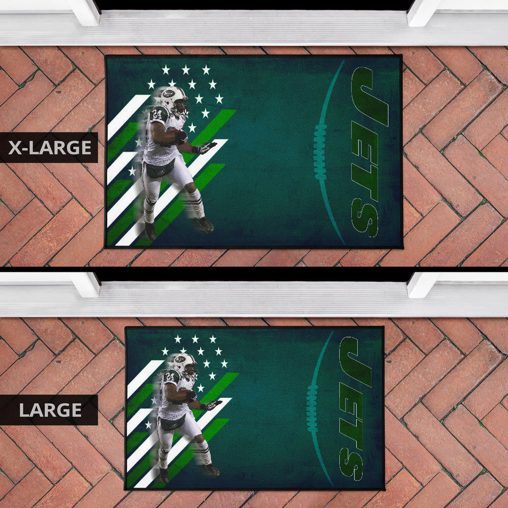 New York American Football Jets Football Player 24 Running Fading American Flag Door Mat Home Decor