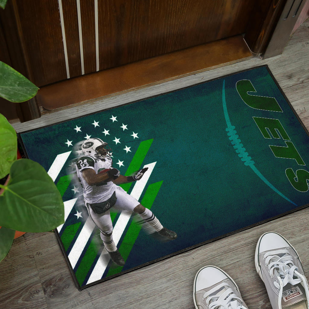 New York American Football Jets Football Player 24 Running Fading American Flag Door Mat Home Decor