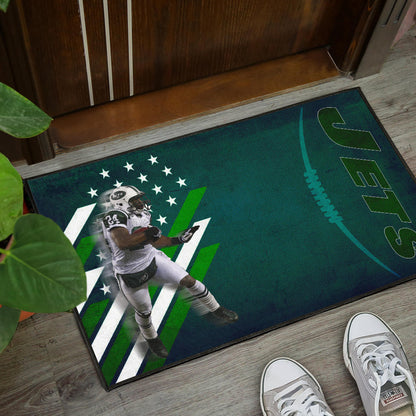 New York American Football Jets Football Player 24 Running Fading American Flag Door Mat Home Decor