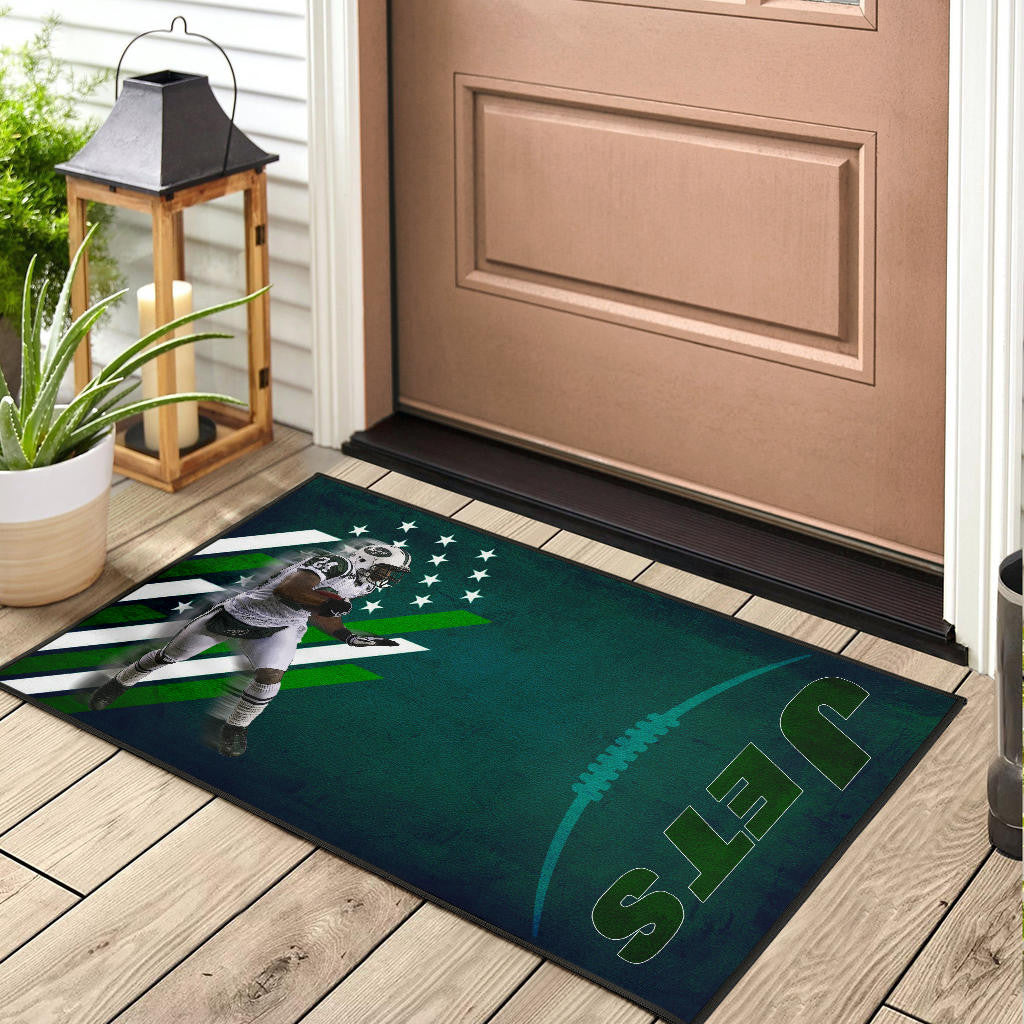 New York American Football Jets Football Player 24 Running Fading American Flag Door Mat Home Decor