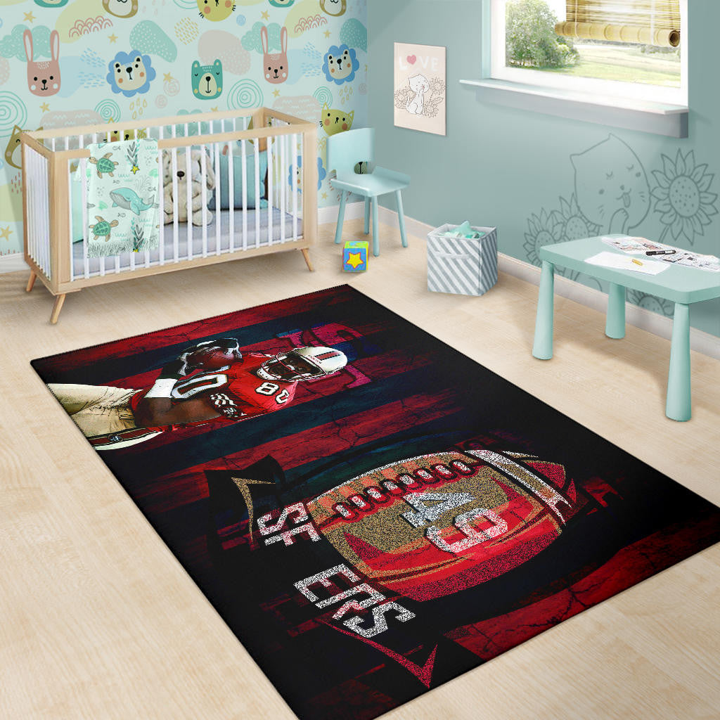San Francisco American Football 49ers Football Player 80 Holding Ball Black And Red SF Ers Area Rug Home Decor