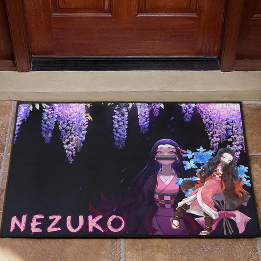 Demon Slayer Anime Pretty Nezuko Kamado Purple Flower Theme Door Mat Home Decor