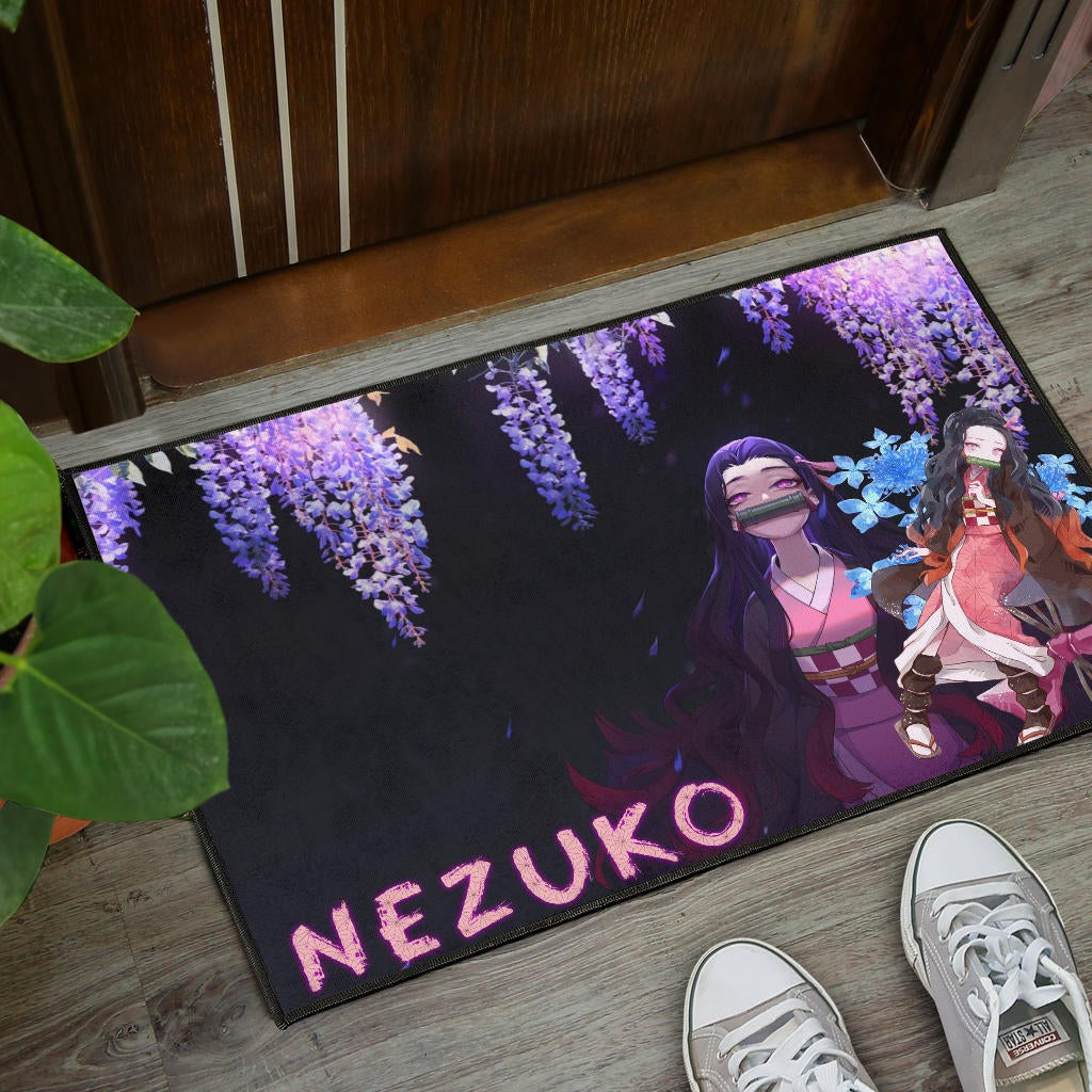 Demon Slayer Anime Pretty Nezuko Kamado Purple Flower Theme Door Mat Home Decor