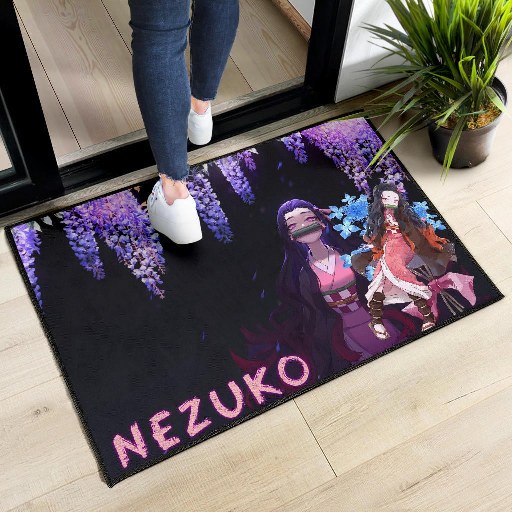 Demon Slayer Anime Pretty Nezuko Kamado Purple Flower Theme Door Mat Home Decor