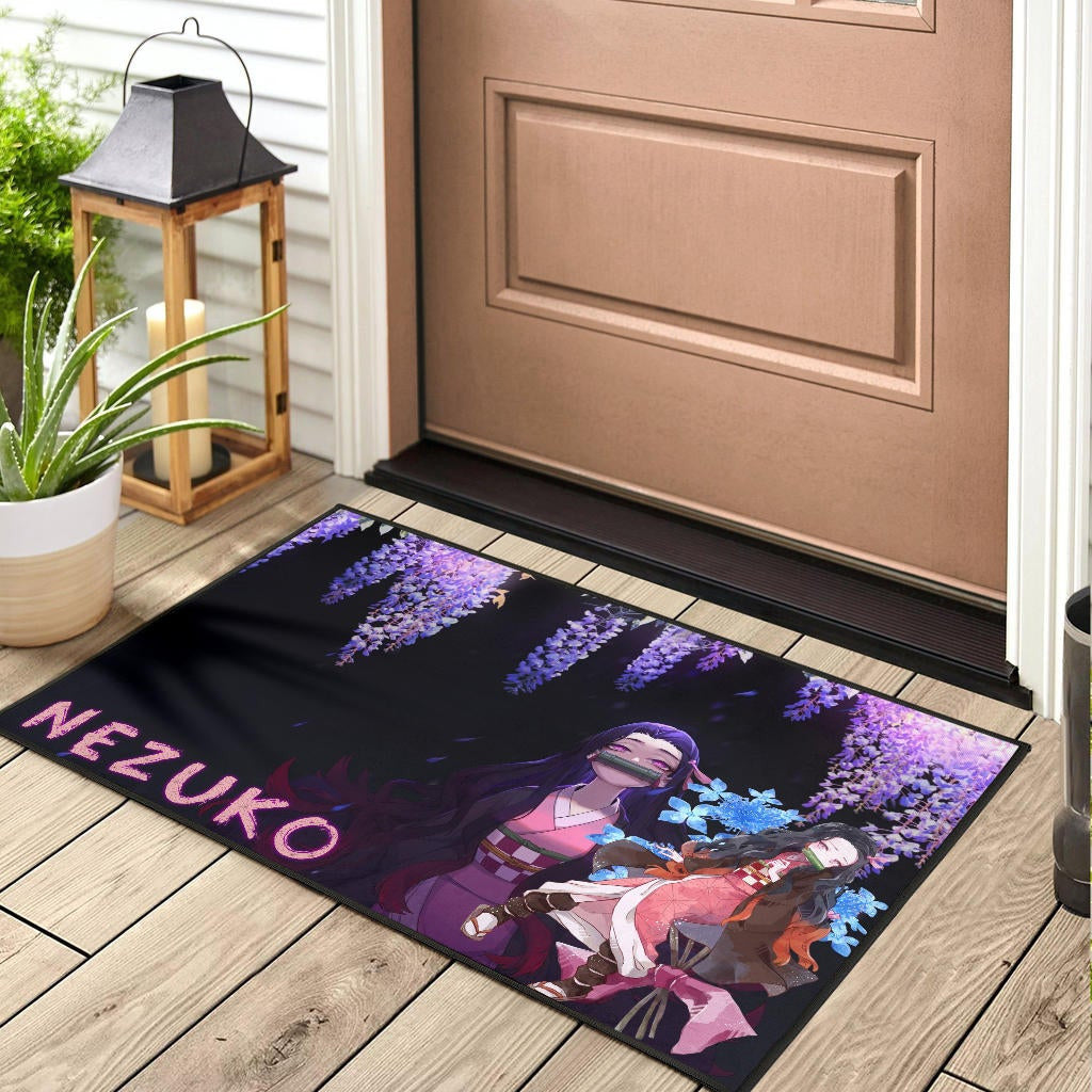 Demon Slayer Anime Pretty Nezuko Kamado Purple Flower Theme Door Mat Home Decor