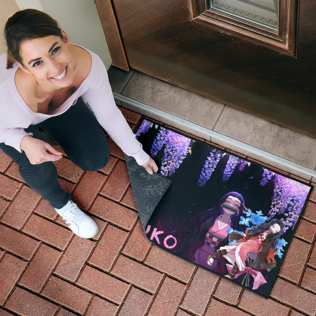 Demon Slayer Anime Pretty Nezuko Kamado Purple Flower Theme Door Mat Home Decor