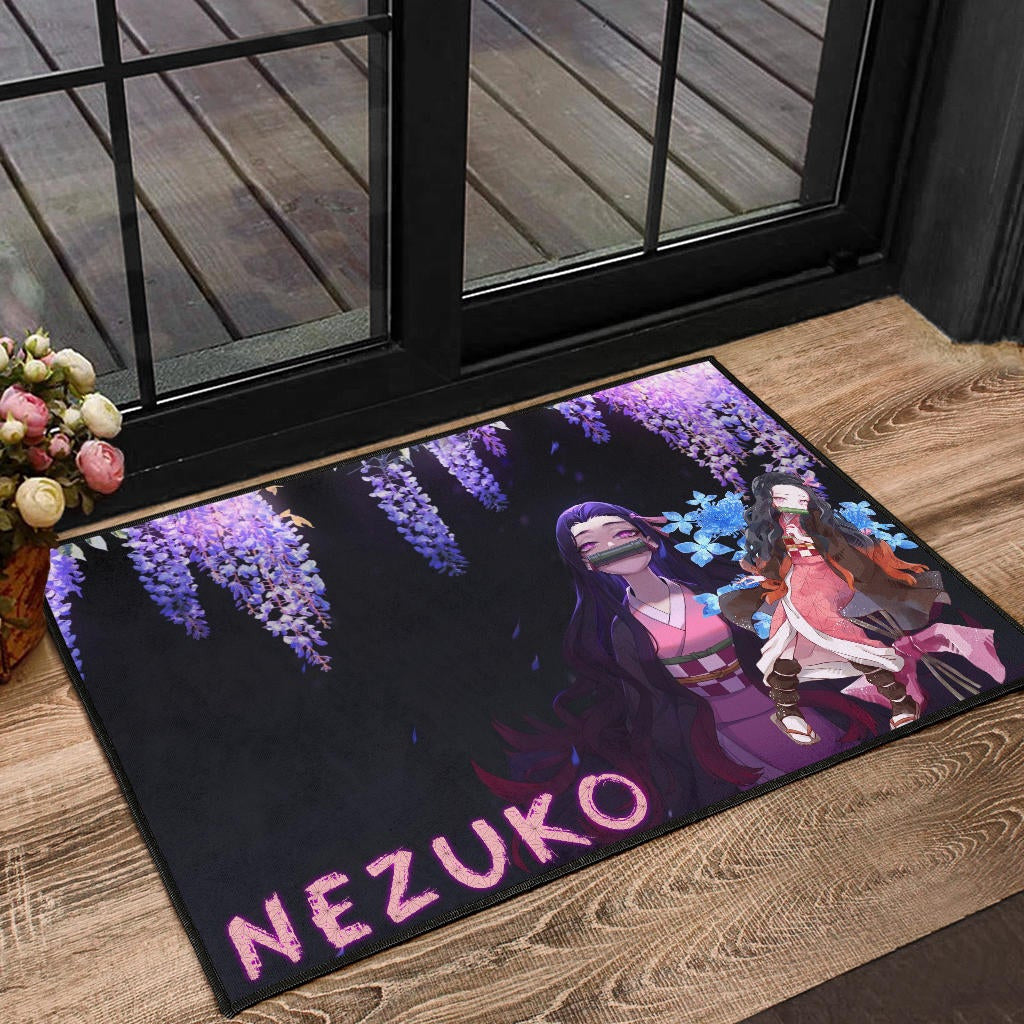 Demon Slayer Anime Pretty Nezuko Kamado Purple Flower Theme Door Mat Home Decor