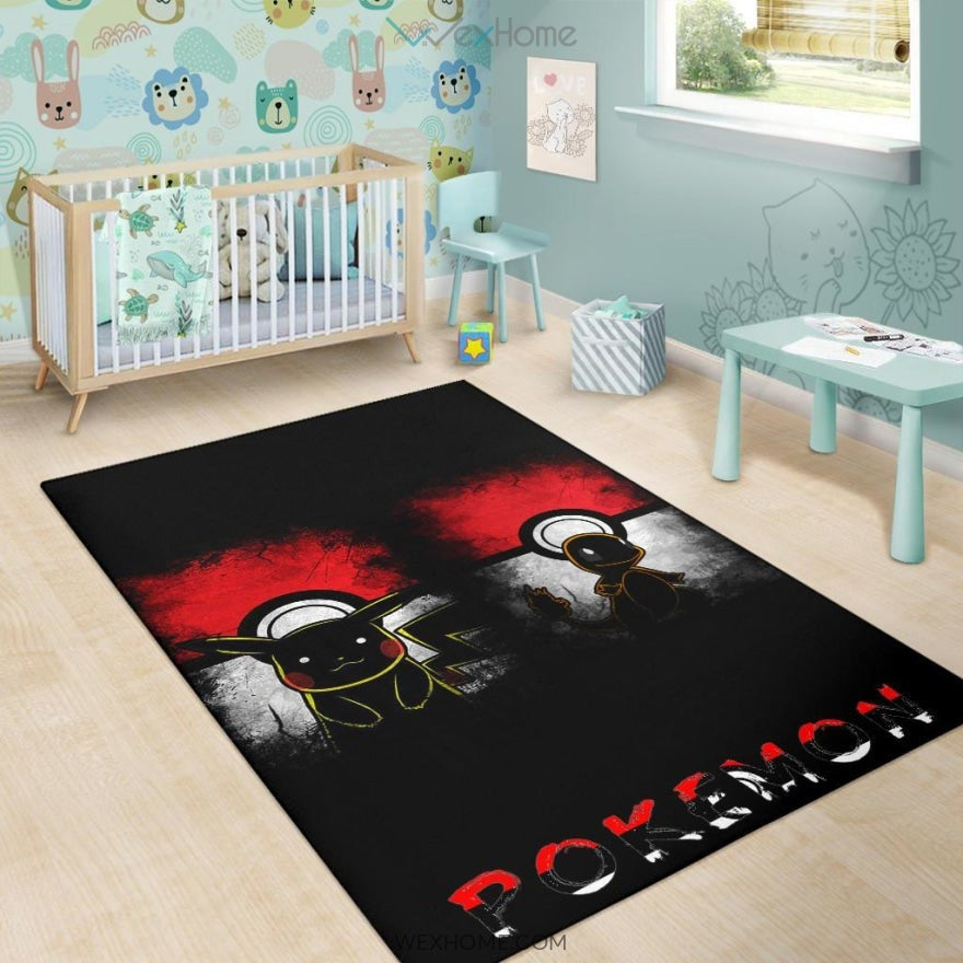 Pokemon Anime Charmander With Pikachu Silhouette Pokemon Ball Area Rug Home Decor