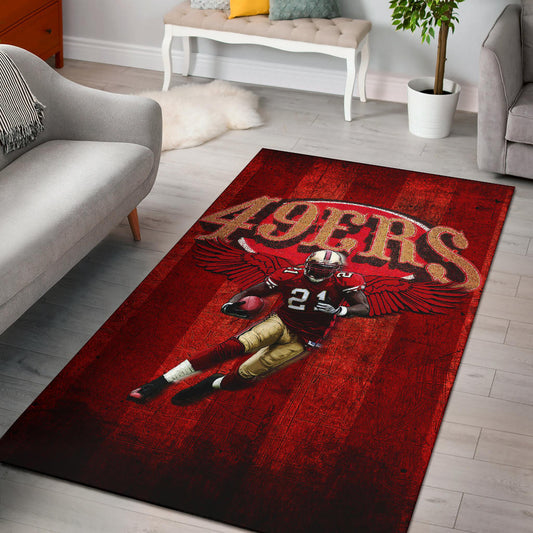 San Francisco American Football 49ers Football Player 21 With Wings Holding Rugby Ball Area Rug Home Decor