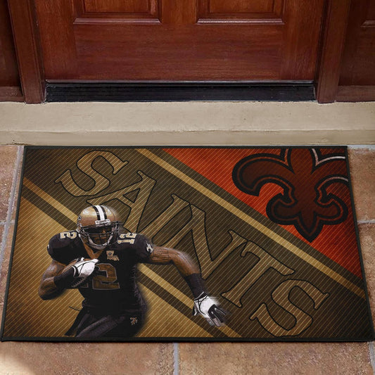 New Orleans Saints American Football Kenny Stills 12 Holding Rugby Ball Vintage Style Door Mat Home Decor