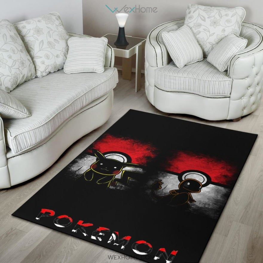 Pokemon Anime Charmander With Pikachu Silhouette Pokemon Ball Area Rug Home Decor