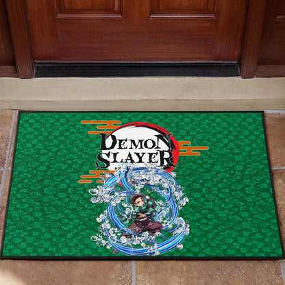 Demon Slayer Tanjiro Water Breath Power Green Background Door Mat Home Decor