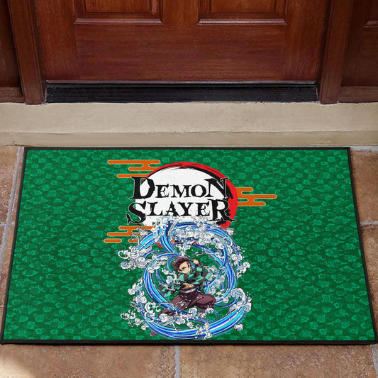 Demon Slayer Tanjiro Water Breath Power Green Background Door Mat Home Decor
