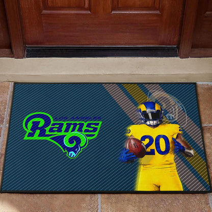 Los Angeles Rams American Football Jalen Ramsey 20 Wearing Helmet Standing Door Mat Home Decor