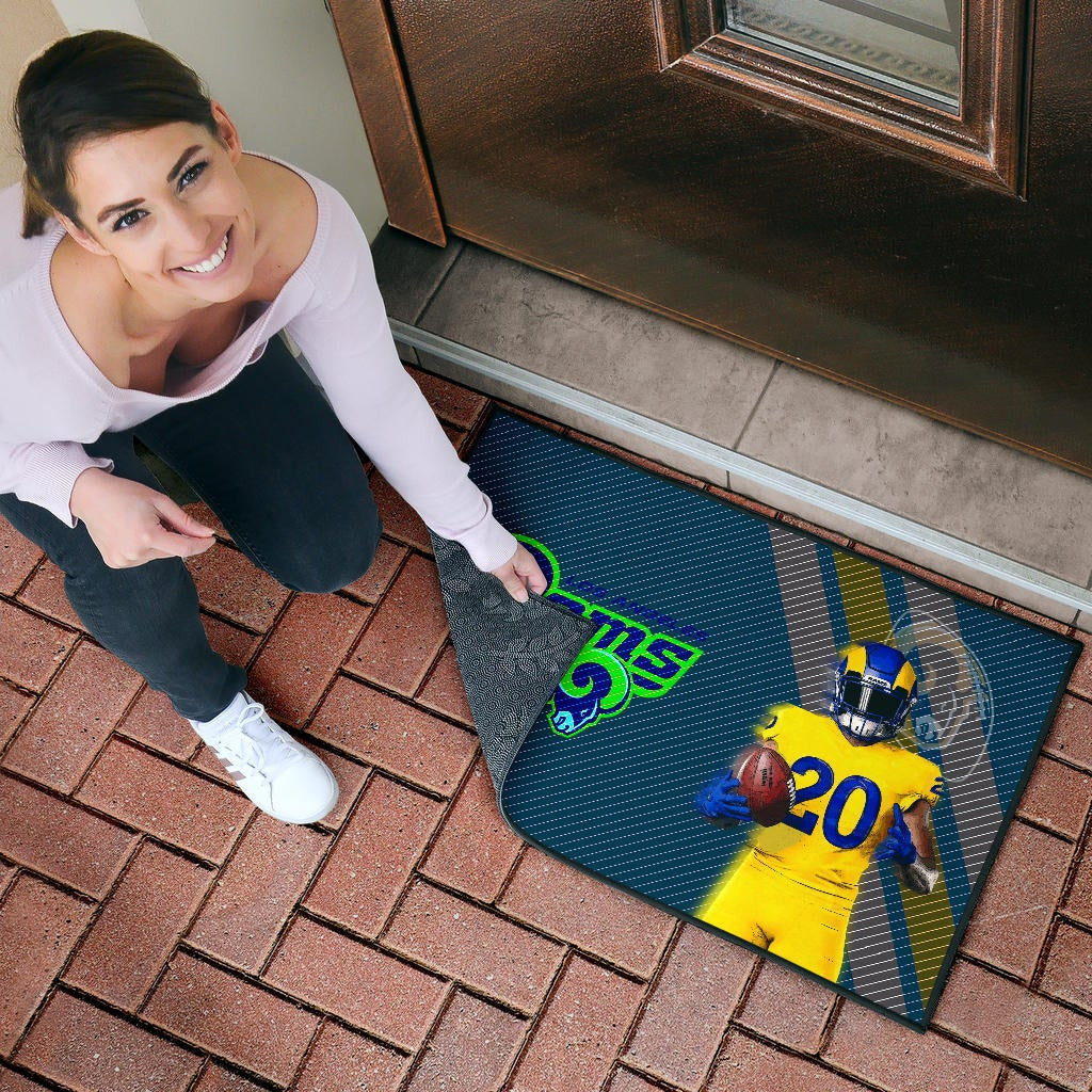 Los Angeles Rams American Football Jalen Ramsey 20 Wearing Helmet Standing Door Mat Home Decor