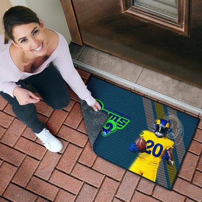 Los Angeles Rams American Football Jalen Ramsey 20 Wearing Helmet Standing Door Mat Home Decor