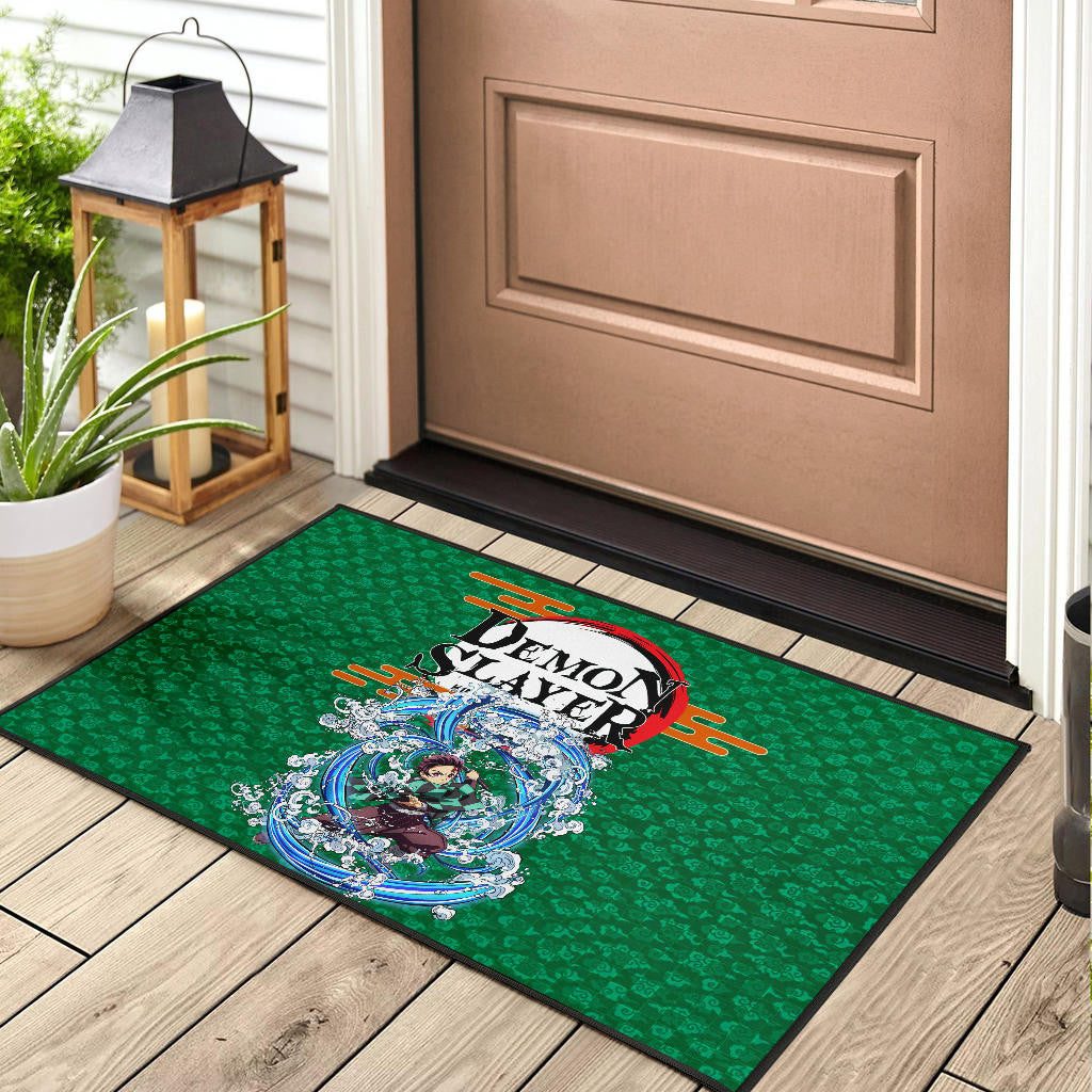 Demon Slayer Tanjiro Water Breath Power Green Background Door Mat Home Decor