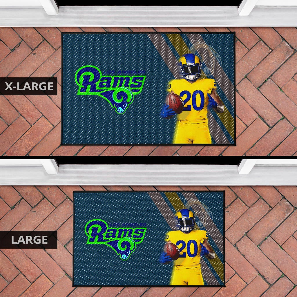 Los Angeles Rams American Football Jalen Ramsey 20 Wearing Helmet Standing Door Mat Home Decor