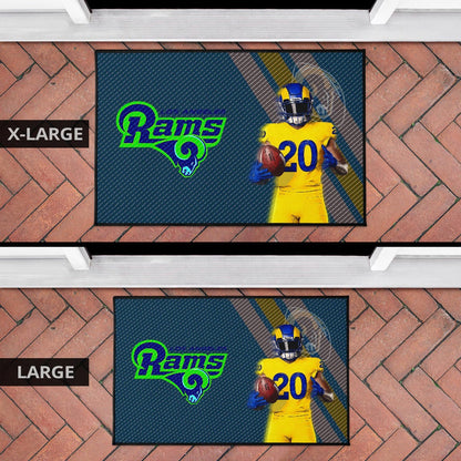 Los Angeles Rams American Football Jalen Ramsey 20 Wearing Helmet Standing Door Mat Home Decor