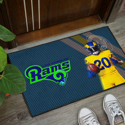 Los Angeles Rams American Football Jalen Ramsey 20 Wearing Helmet Standing Door Mat Home Decor