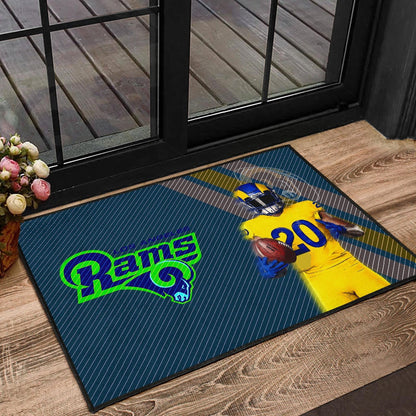 Los Angeles Rams American Football Jalen Ramsey 20 Wearing Helmet Standing Door Mat Home Decor