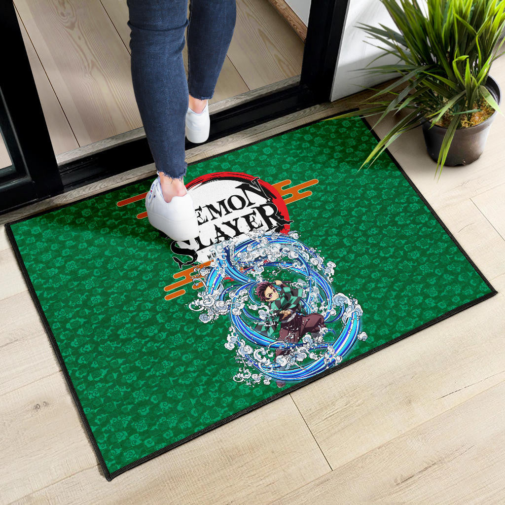 Demon Slayer Tanjiro Water Breath Power Green Background Door Mat Home Decor