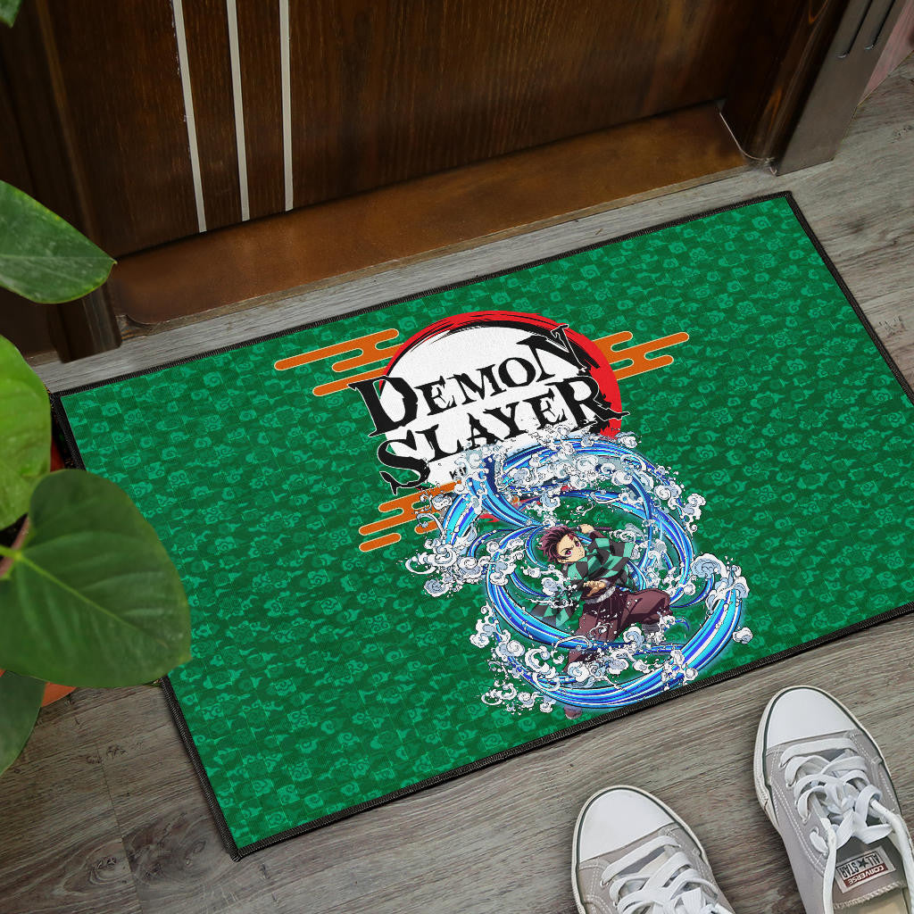 Demon Slayer Tanjiro Water Breath Power Green Background Door Mat Home Decor