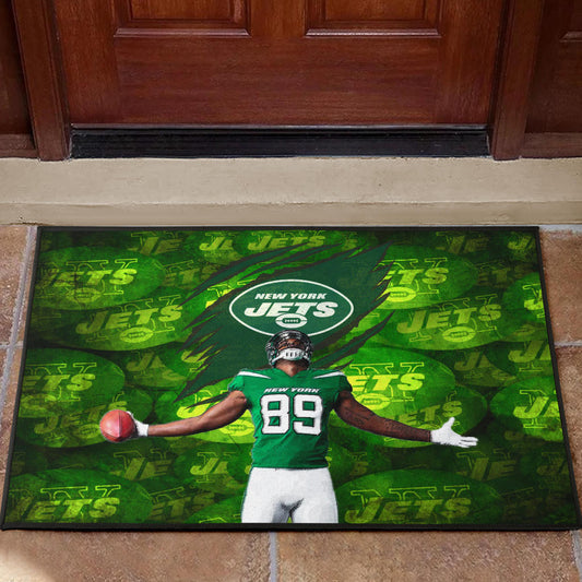 New York American Football Jets Football Player 89 Celebrating Score Holding Ball  Door Mat Home Decor