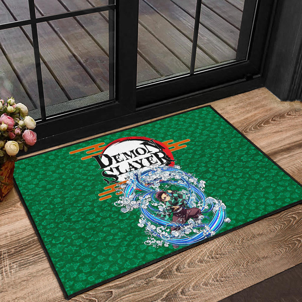 Demon Slayer Tanjiro Water Breath Power Green Background Door Mat Home Decor